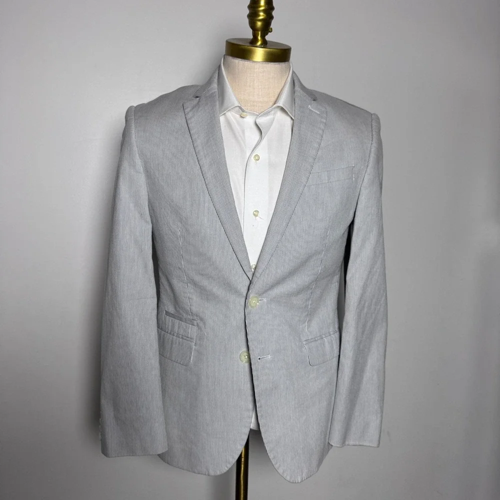 Express Blazer Mens 38S Blue White Seersucker Stripe Photographer Slim Fit